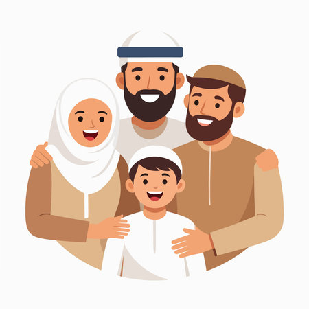 FamilyArab smiling Muslim family in traditional attire posing togetherのイラスト素材