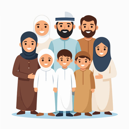 Family group gathered in a warm pose wearing traditional attireのイラスト素材