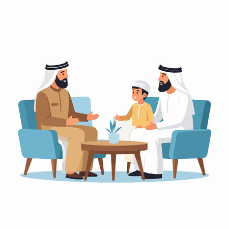 Arab family sits in a modern living room sharing a warm conversation around a small tableのイラスト素材