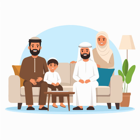Family gathers on a beige sofa in a cozy living room wearing traditional dressのイラスト素材