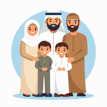 Family Arab illustration shows a smiling Arab family in traditional dress posed togetherのイラスト素材