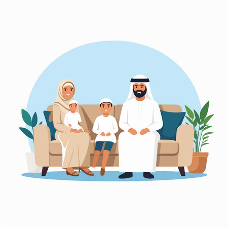 Family sits together on a sofa in a cozy home living roomのイラスト素材