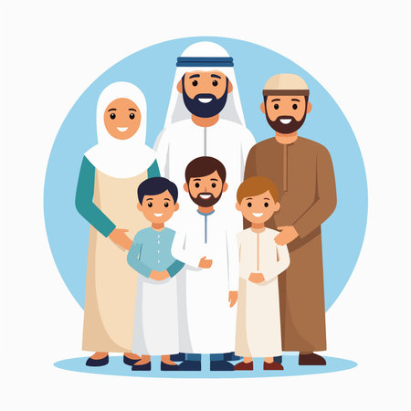 family group portrait shows a muslim arab family in traditional attire smiling togetherのイラスト素材