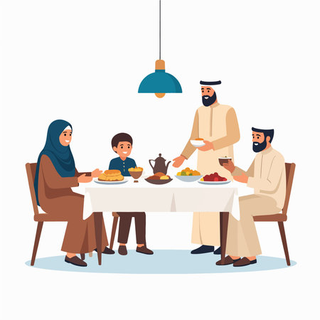 Family sits at a table as an Arab family shares a meal in a welcoming homeのイラスト素材