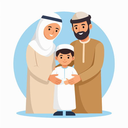 People family stands together in matching traditional dress in a warm and loving portraitのイラスト素材