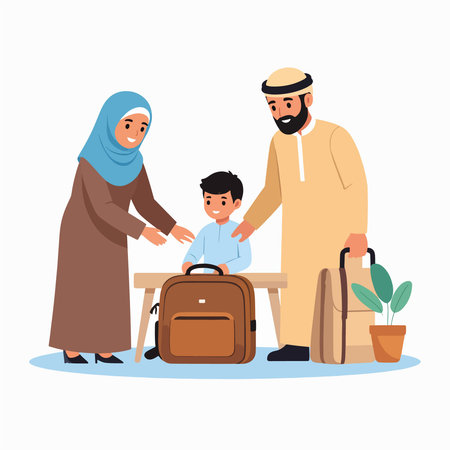 Family looking at travel plans with parents and child at a desk surrounded by luggage in a friendly illustrationのイラスト素材