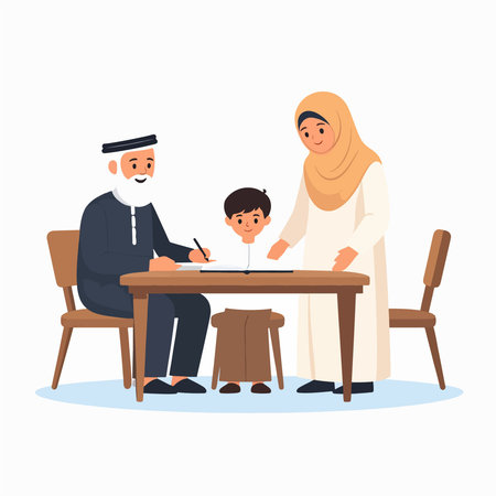 Family Muslim parents and child learning together at a table in a warm sceneのイラスト素材