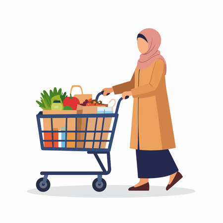 Hijab shopper pushes a grocery cart filled with fresh produce in a clean flat illustrationのイラスト素材