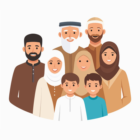Family group portrait showing a diverse Muslim family with smiling facesのイラスト素材