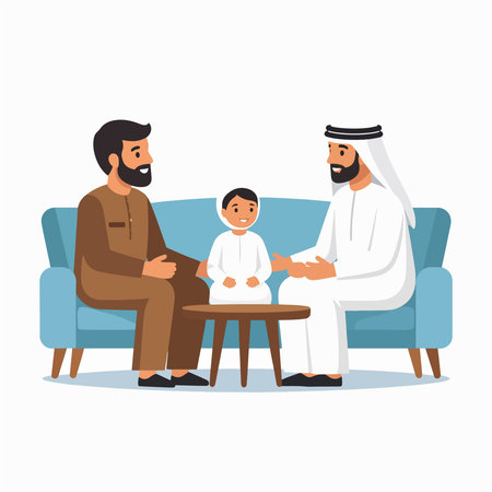 Family scene shows a family group relaxing in a living room on a blue sofaのイラスト素材