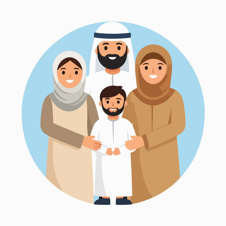 Family portrait of a Muslim family in traditional attire smiling together against a light blue circleのイラスト素材