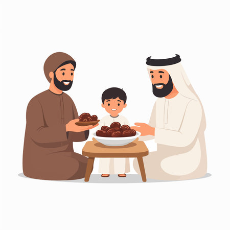 Family gathering around a table sharing dates in a warm cultural momentのイラスト素材