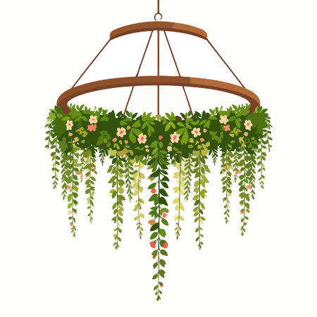 Hanging plant arrangement in a circular wooden frame with trailing greenery and pink bloomsのイラスト素材