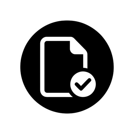 Document approved file checkmark icon in a prominent black circle for successful completion or verificationのイラスト素材
