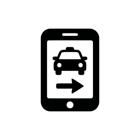 RideHailing app interface shows car icon and right arrow on smartphone screen for transportation service bookingのイラスト素材