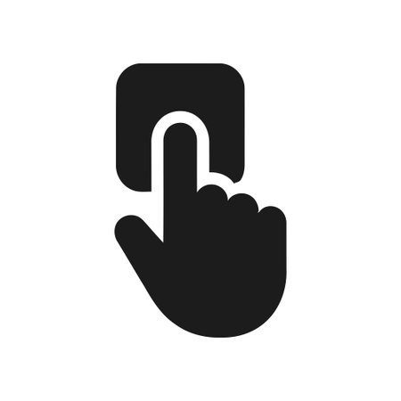 Hand pressing a square button on a clean white background symbolizing interaction