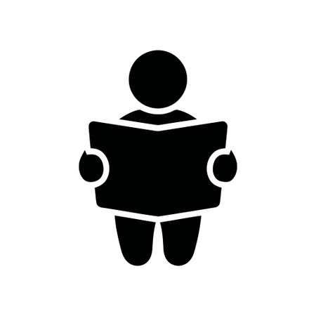 Reading person holding an open book icon representing education and learning This simple silhouette graphic signifies study and knowledge acquisitionのイラスト素材
