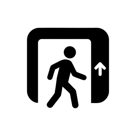 Elevator sign displays a silhouette of a person walking into an opening with an upward arrow This...