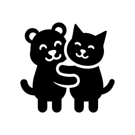 Friendship portrayed by a cute black and white bear and cat sharing a warm embrace This simple illustration symbolizes love and companionshipのイラスト素材