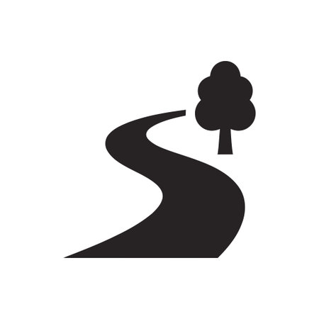 Road path illustration features a winding route next to a single tree presented in a minimalist black style on a white background symbolizing journey or directionのイラスト素材