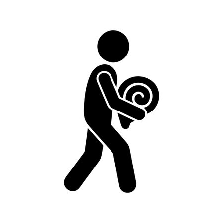 Person carrying a rolled mat depicted as a black silhouette icon representing exercise fitness or general activityのイラスト素材