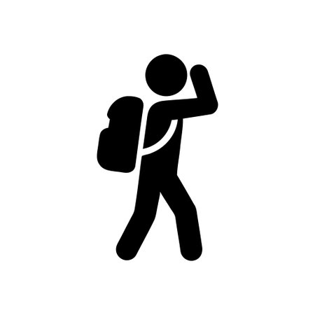 Traveler explores with a backpack shading eyes to see Ideal for outdoor adventures and journey conceptsのイラスト素材