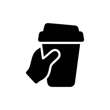 Coffee cup held by a hand in a black silhouette symbol on an isolated white backgroundのイラスト素材