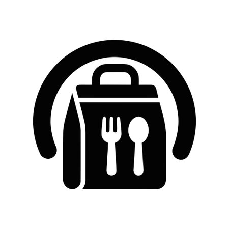 Food takeout bag with fork spoon and drink bottle representing a convenient delivery serviceのイラスト素材