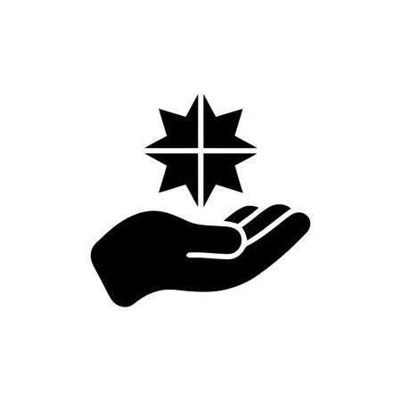 Hand holding an eight pointed star icon symbolizing quality care and support for service excellence The graphic design features a simple black silhouette on a clean white backgroundのイラスト素材