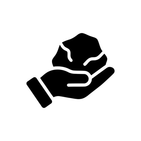 Rock is held in a human hand presented as a minimalist black and white icon representing geologyのイラスト素材