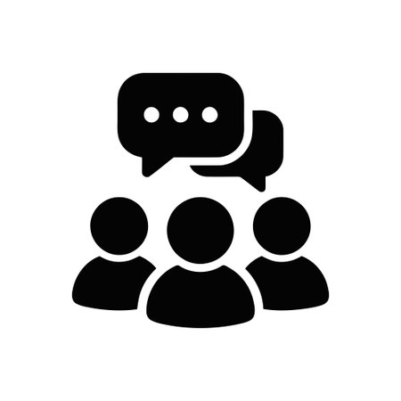 People engaged in a discussion with chat bubbles above their heads symbolizing communication and...