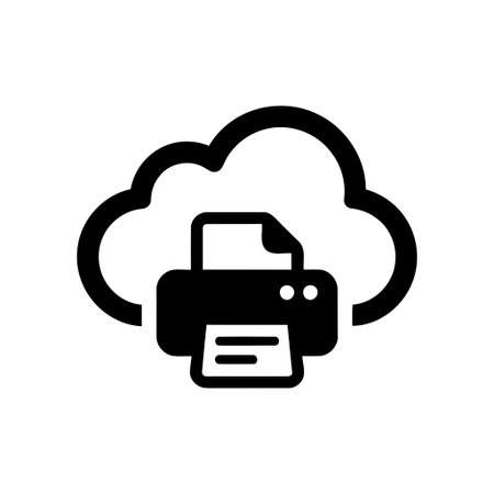 Cloud printing service showing a document printer within a stylized cloud for remote access