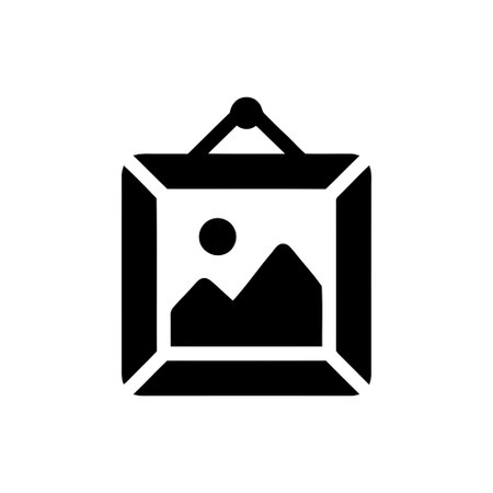 Picture frame icon displaying a scenic landscape illustration featuring mountains and sun this...