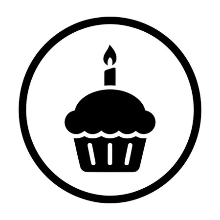 Cupcake icon features a single burning candle isolated inside a black circle symbol for celebration...