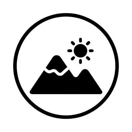 Mountain landscape with a shining sun icon in a round black frame on a plain background