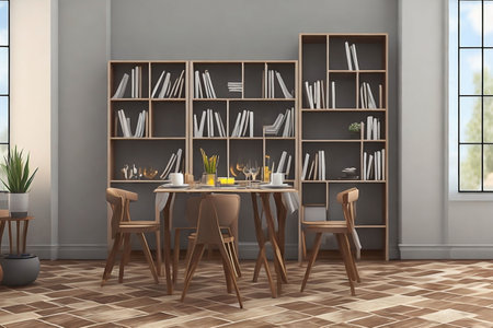 Beautiful room decoration with table and bookshelvesの素材