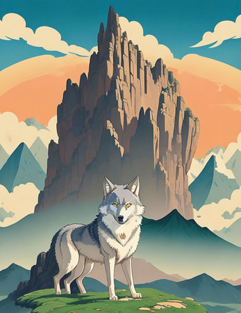 illustration design of a wolf with a mountain backgroundの素材