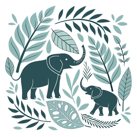 Elephants amidst stylized teal foliageのイラスト素材