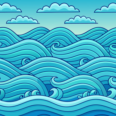 Cartoon ocean scene. Waves and clouds in blue, green and white. Seamlessのイラスト素材