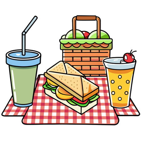 Picnic A sandwich, drinks, and fruit basket on a red checkered blanket for a lovely dayのイラスト素材