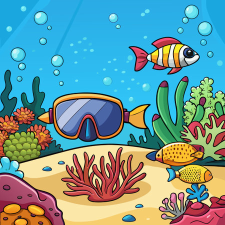 Underwater scene with coral, fish, goggles, plants, and bubbles in blue waterのイラスト素材