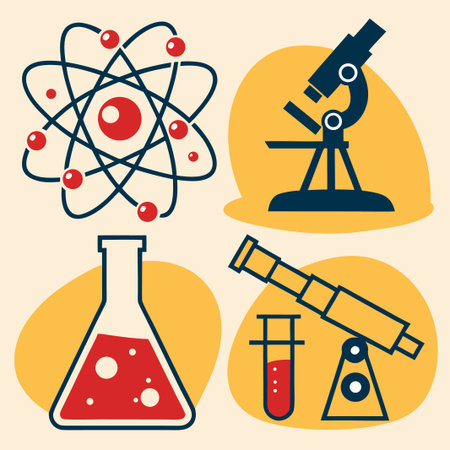 Science icons atom, microscope, flask, telescope, tube on colored backgroundsのイラスト素材