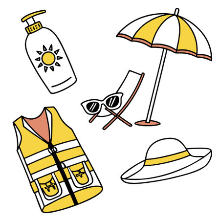Beach essentials sun protection, chair, sunglasses, vest and hat illustration