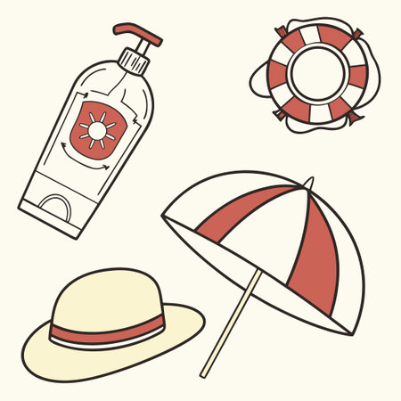 Beach essentials sunscreen, float, hat, umbrella on light background. Drawn vector setのイラスト素材