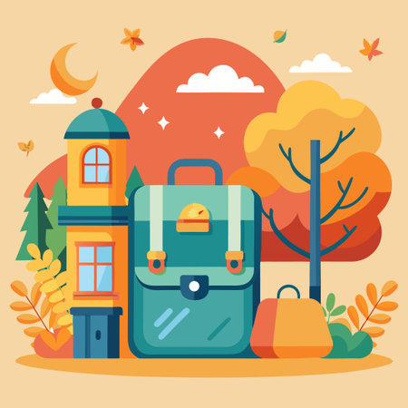 Autumnal scene with a building, backpacks, trees, moon, and leavesのイラスト素材