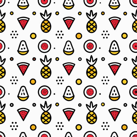 Fruitful repeat pattern. Pineapples, watermelon, &amp; melons on white. Fresh &amp; summeryのイラスト素材