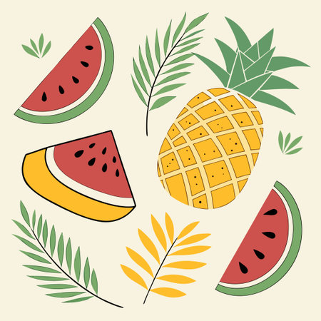 Fresh fruits and foliage, watermelon and pineapple slices, on a light backgroundのイラスト素材