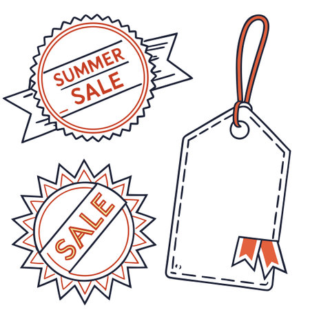 Promotional labels and tags in a stylized doodle sketch isolated on whiteのイラスト素材