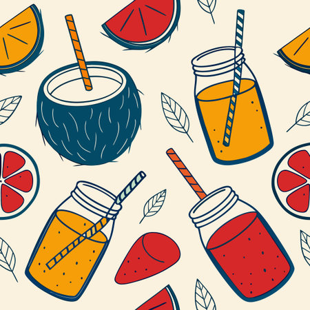 Summer vibe juice, coconut, and fruit pattern on bright backgroundのイラスト素材