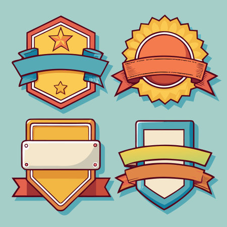 Retro style badge collection with ribbons and shapes on a light blue backgroundのイラスト素材